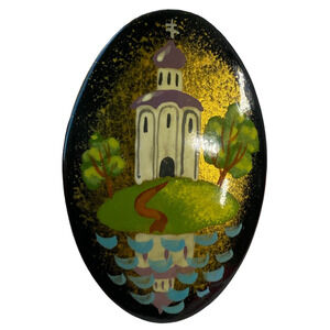 Vintage Signed Hand Painted Brooch Church  Scene On Black Background Jewelry